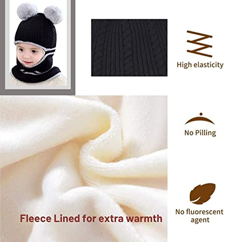 crazy bean Gorros para Niño Niña Bebé Invierno, Gorros y Bufandas Máscaras Bebe 3 en 1 para Mantener el Calor, Gorro de Punto Acolchado para Niños de 2-8 Años, Negro