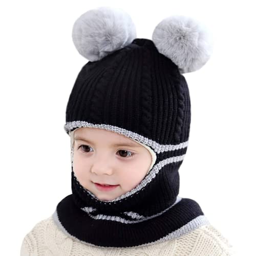 crazy bean Gorros para Niño Niña Bebé Invierno, Gorros y Bufandas Máscaras Bebe 3 en 1 para Mantener el Calor, Gorro de Punto Acolchado para Niños de 2-8 Años, Negro