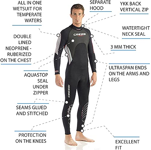 Cressi Morea Man Monopiece Wetsuit 3mm Traje de Buceo Neopreno para los Hombres, Negro/Gris/Plata, XL/5