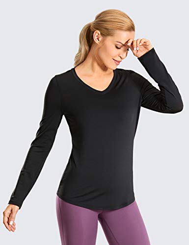 CRZ YOGA Camiseta Deportiva Ligera de Secado rápido con Cuello en V y Manga Larga para Mujer Tops Negro 42