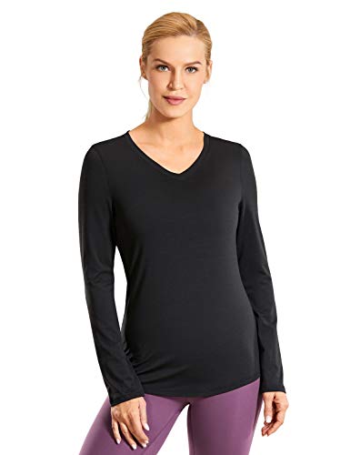 CRZ YOGA Camiseta Deportiva Ligera de Secado rápido con Cuello en V y Manga Larga para Mujer Tops Negro 42