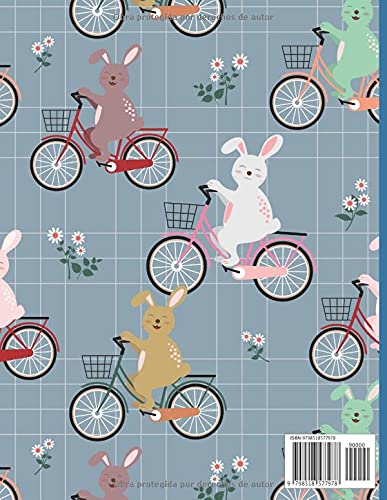 CUADERNO DE DIBUJO: Bloc de 100 paginas en blanco | Libreta infantil para dibujar | Regalo creativo para niños amantes de los animales | Lindo diseño de conejitos en bici.