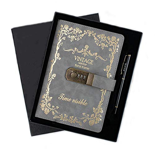Cuaderno de piel sintética A5, con contraseña para portátil, con candado numérico, diario de bocetos para oficina, viaje, regalo (gris)