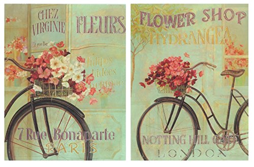 Cuadro de Bicicleta Bici Antigua Vintage tonalidades Verdes, Flores Rosas. Placas de Madera/Set de 2 Cuadros de 19 cm x 25 cm x 4 mm unid. Adhesivo FÁCIL COLGADO. Adorno Decorativo. Decoración Pared