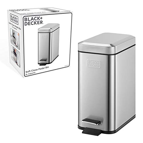 Cubo de pedal rectangular de 5 l BLACK+DECKER BXBN0005GB 5L con tapa de cierre suave, acero inoxidable, 30 cm x 14 cm x 29 cm, gris frío, perfil