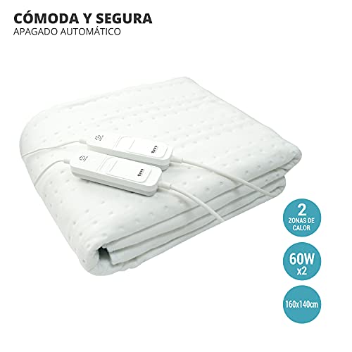 Cubre colchones calientacamas eléctrico para cama individual 60W con 3 niveles de temperatura y apagado automático. Tamaño 160x140 cm.