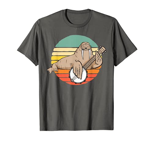 Cute Banjo-Playing Walrus Funny Bluegrass Animal 80s Sunset Camiseta
