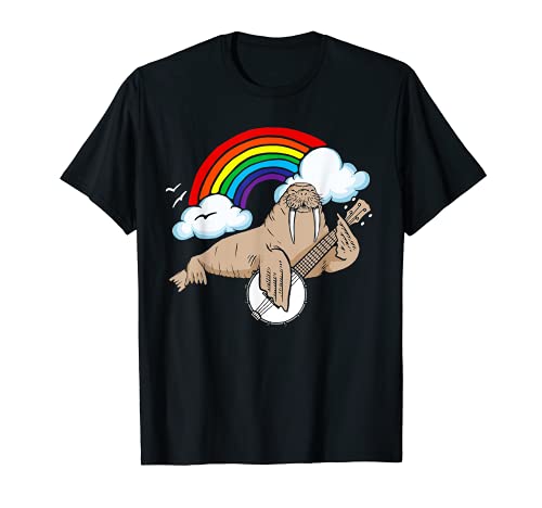Cute Banjo-Playing Walrus Funny Bluegrass Animal Rainbow Camiseta