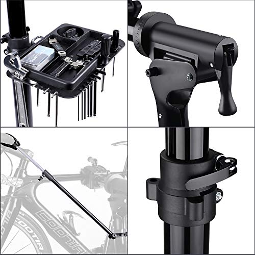 CXWXC Soporte de Reparación de Bicicletas, Soporte de Reparación de Bicicletas de Aluminio con Bandeja Magnética, Ajustable, Ligero, Portátil, para Mantenimiento de Bicicletas Champán (Negro)