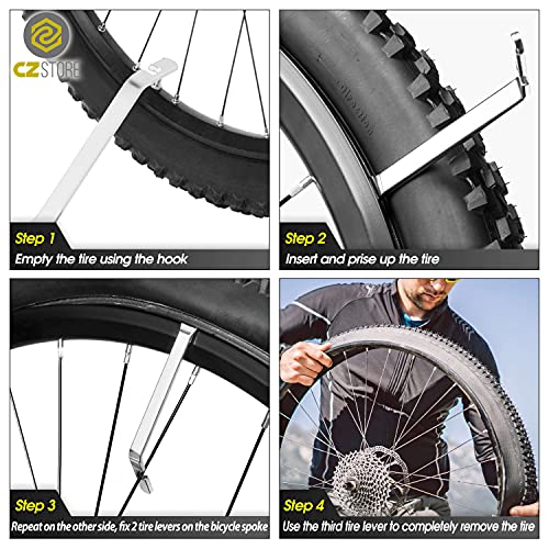 CZ Store Palanca Neumáticos Bicicleta | Juego de 3 | Metal - ✮✮GARANTÍA DE POR VIDA✮✮ - Con Gancho Curvo, Herramienta Acero Inoxidable - Accesorios de Reparación y Mantenimiento de BMX, MTB