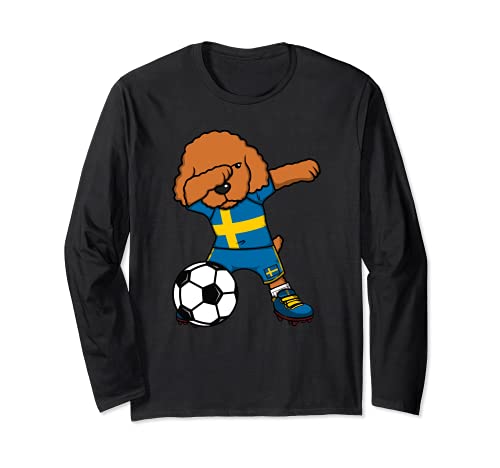 Dabbing Caniche Perro Suecia Fútbol Bandera Sueca Deporte Manga Larga