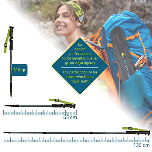 Daikoku. Bastones Trekking. 2 Bastones Senderismo Extensibles para Caminar. Ajustables 65cm-135cm Resistentes en Aluminio, Agarre ergonómico, con 6 Puntas. Regalo Mochila Trail Daikoku