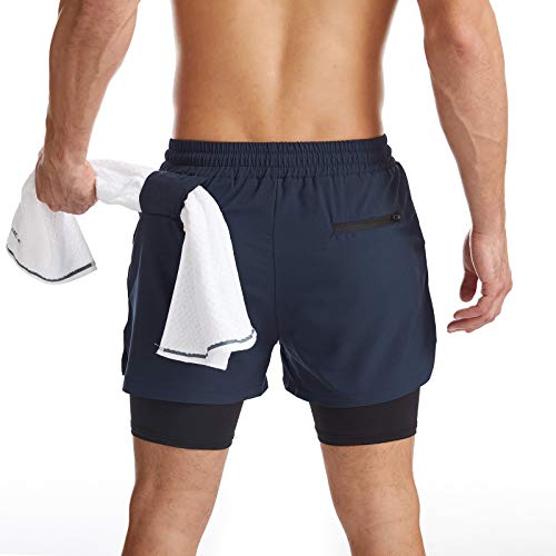 Danfiki Pantalones cortos para hombre con bolsillo para teléfono, 2 en 1, de secado rápido y ligero, azul marino, 38