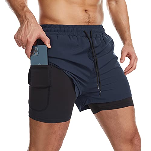 Danfiki Pantalones cortos para hombre con bolsillo para teléfono, 2 en 1, de secado rápido y ligero, azul marino, 38