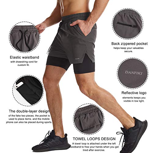 Danfiki Pantalones cortos para hombre con bolsillo para teléfono, 2 en 1, de secado rápido y ligero, gris, 38