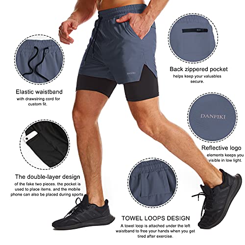 Danfiki Pantalones cortos para hombre para correr con bolsillo para teléfono 2 en 1, pantalones cortos de entrenamiento de gimnasio ligeros de secado rápido, Azul Cobalto, 46