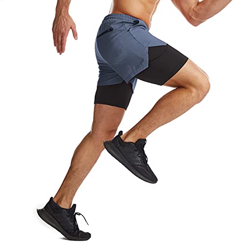 Danfiki Pantalones cortos para hombre para correr con bolsillo para teléfono 2 en 1, pantalones cortos de entrenamiento de gimnasio ligeros de secado rápido, Azul Cobalto, 46