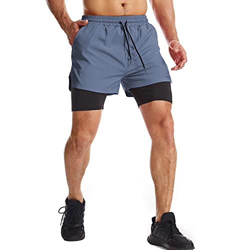 Danfiki Pantalones cortos para hombre para correr con bolsillo para teléfono 2 en 1, pantalones cortos de entrenamiento de gimnasio ligeros de secado rápido, Azul Cobalto, 46