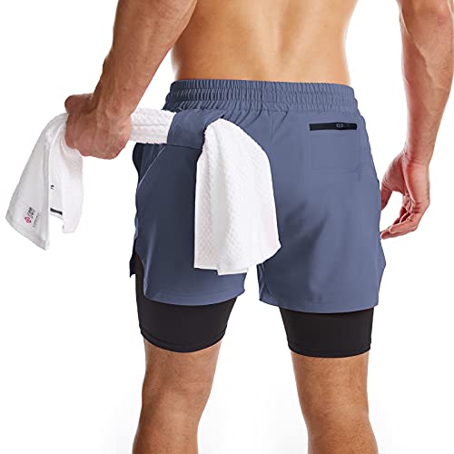 Danfiki Pantalones cortos para hombre para correr con bolsillo para teléfono 2 en 1, pantalones cortos de entrenamiento de gimnasio ligeros de secado rápido, Azul Cobalto, 46