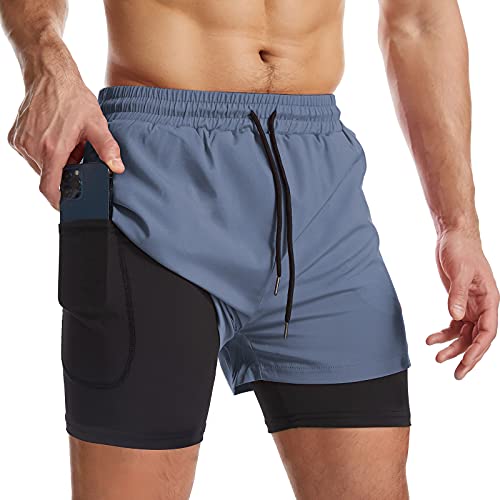 Danfiki Pantalones cortos para hombre para correr con bolsillo para teléfono 2 en 1, pantalones cortos de entrenamiento de gimnasio ligeros de secado rápido, Azul Cobalto, 46