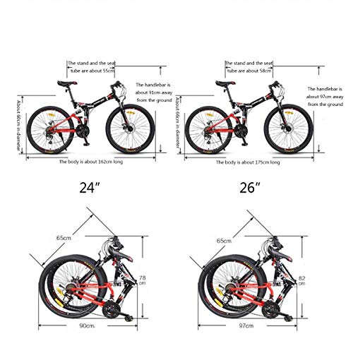 Dapang Bicicleta de montaña MTB Plegable de Doble suspensión, Cuadro de Acero de 26", Guardabarros Delantero y Trasero de 24 velocidades Freno de Disco mecánico Delantero y Trasero,4,26"