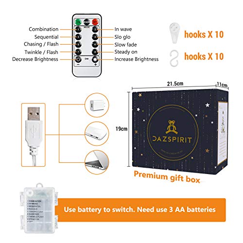 DazSpirit LED Luces Estrellas de Navidad Guirnaldas, con 12 Estrella, control remoto y 20 ganchos, caja de regalo, USB o con pilas, 8 modos, resistente al agua, 3,5m 138LED, interiores y exteriores