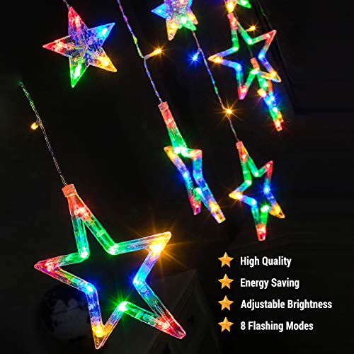 DazSpirit LED Luces Estrellas de Navidad Guirnaldas, con 12 Estrella, control remoto y 20 ganchos, caja de regalo, USB o con pilas, 8 modos, resistente al agua, 3,5m 138LED, interiores y exteriores