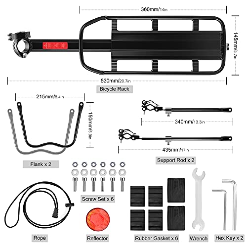 Dazspirit Portaequipajes Bicicleta, portabultos Bicicleta Trasero, Parrilla Bicicleta Ajustable, con Reflector, instalación rápida, Carga máxima de 90 kg, Material de aleación de Aluminio