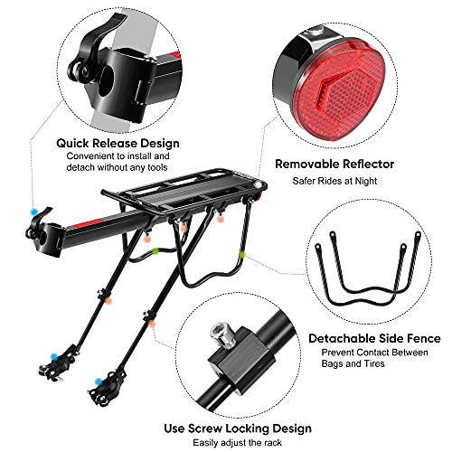 Dazspirit Portaequipajes Bicicleta, portabultos Bicicleta Trasero, Parrilla Bicicleta Ajustable, con Reflector, instalación rápida, Carga máxima de 90 kg, Material de aleación de Aluminio