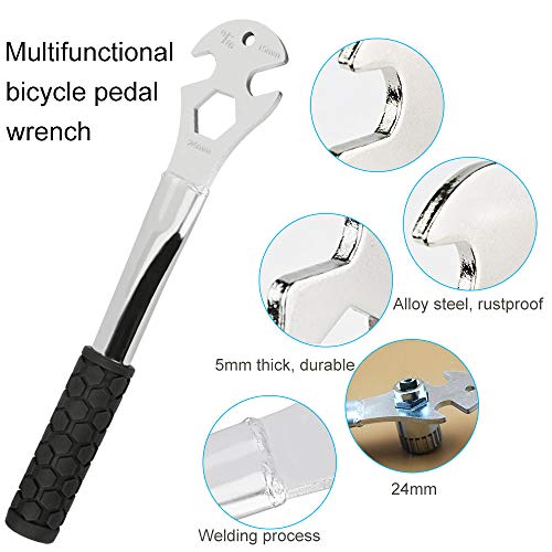 DECARETA Llave de Pedal de Bicicleta 3 y 1 Herramienta de extracción de Pedal de Bicicleta con Mango de Goma Herramienta de extracción de Pedal de Bicicleta 9/16 Pulgadas / 15 mm / 24 mm