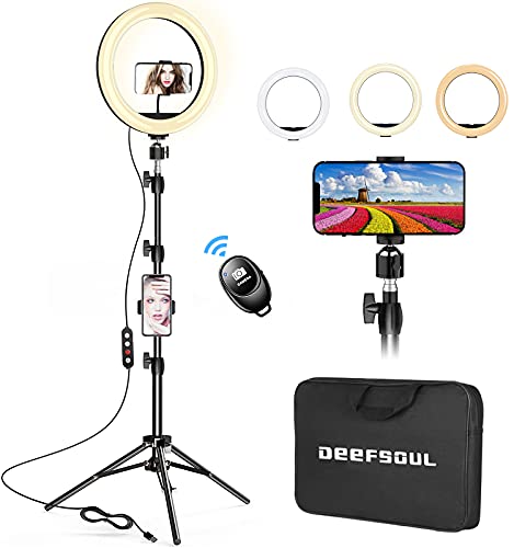 DEEFSOUL Aro de Luz 10.2" con Tripode, Anillo de luz para movil, con 2 Soportes para teléfono móvil y Bolsas de Almacenamiento, 10 Brillos Regulable para Fotografía,Maquillaje,Youtube,TIK Tok Live