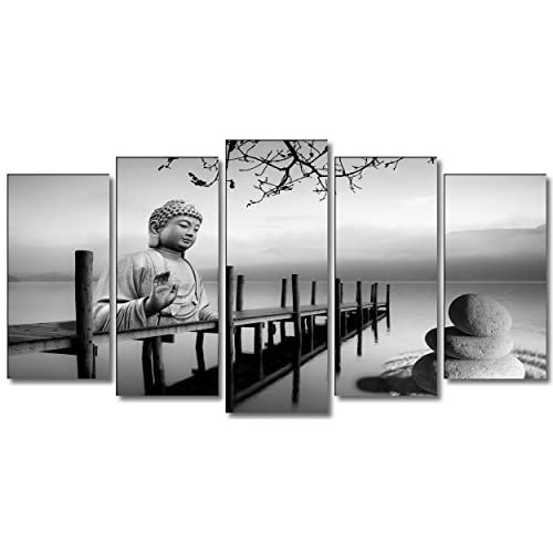 DekoArte 19 - Cuadros Modernos Impresión de Imagen Artística Digitalizada | Lienzo Decorativo Para Tu Salón o Dormitorio | Estilo Buda Zen Paisaje en blanco y Negro | 5 Piezas 150x80cm