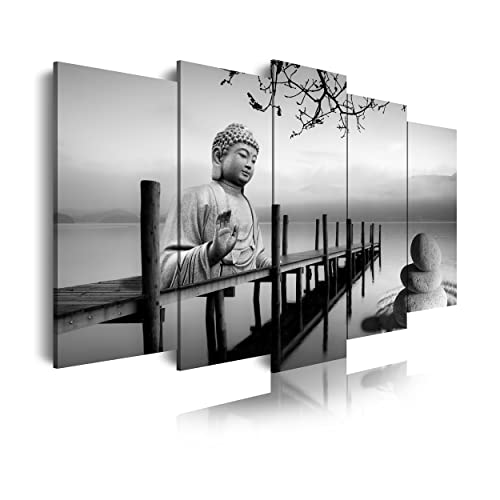 DekoArte 19 - Cuadros Modernos Impresión de Imagen Artística Digitalizada | Lienzo Decorativo Para Tu Salón o Dormitorio | Estilo Buda Zen Paisaje en blanco y Negro | 5 Piezas 150x80cm