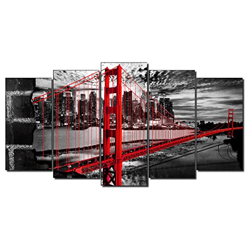 DekoArte 277 - Cuadros Modernos Impresión de Imagen Artística Digitalizada | Lienzo Decorativo Para Tu Salón o Dormitorio | Estilo Ciudades EEUU Golden Gate Blanco Negro Rojo | 5 Piezas 150 x 80 cm