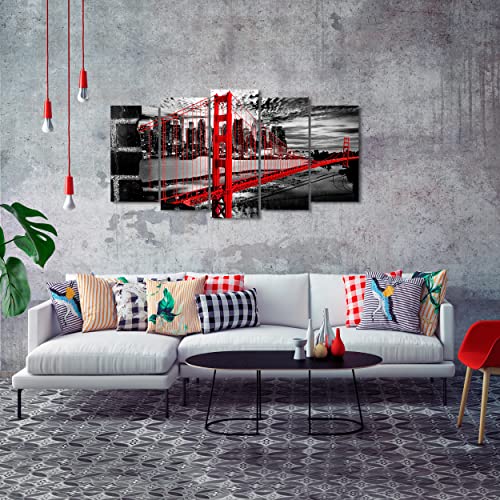 DekoArte 277 - Cuadros Modernos Impresión de Imagen Artística Digitalizada | Lienzo Decorativo Para Tu Salón o Dormitorio | Estilo Ciudades EEUU Golden Gate Blanco Negro Rojo | 5 Piezas 150 x 80 cm