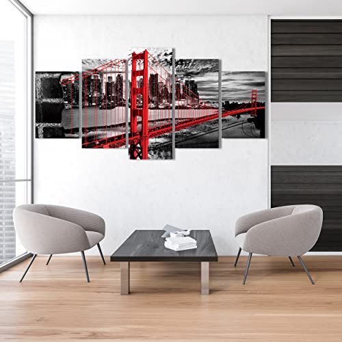 DekoArte 278 - Cuadros Modernos Impresión de Imagen Artística Digitalizada | Lienzo Decorativo Para Tu Salón o Dormitorio | Estilo Ciudades EEUU Golden Gate Blanco Negro Rojo | 5 Piezas 200x100cm XXL