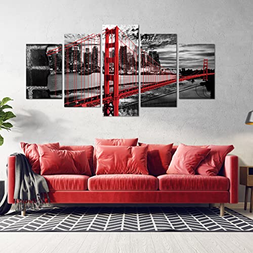 DekoArte 278 - Cuadros Modernos Impresión de Imagen Artística Digitalizada | Lienzo Decorativo Para Tu Salón o Dormitorio | Estilo Ciudades EEUU Golden Gate Blanco Negro Rojo | 5 Piezas 200x100cm XXL