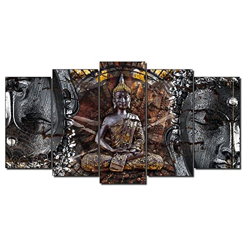 DekoArte 83 - Cuadros Modernos Impresión de Imagen Artística Digitalizada | Lienzo Decorativo Para Tu Salón o Dormitorio | Estilo Zen con buda en bronce, blanco y negro | 5 Piezas 150 x 80 cm