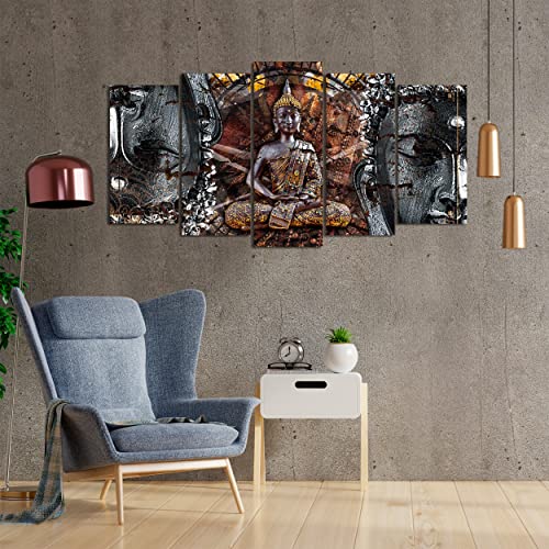 DekoArte 83 - Cuadros Modernos Impresión de Imagen Artística Digitalizada | Lienzo Decorativo Para Tu Salón o Dormitorio | Estilo Zen con buda en bronce, blanco y negro | 5 Piezas 150 x 80 cm