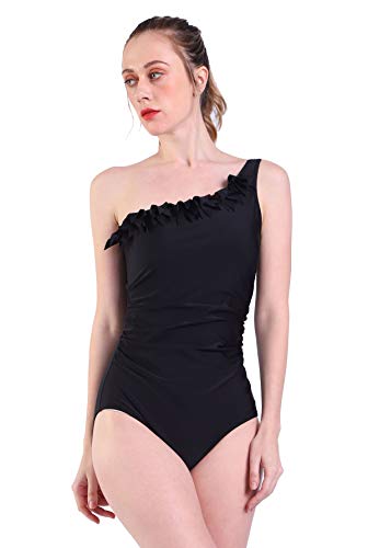 DELEY Mujeres Flor Oblicua Acolchado Traje De Baño Bikini Monokini Beachwear Negro Tamaño 3XL