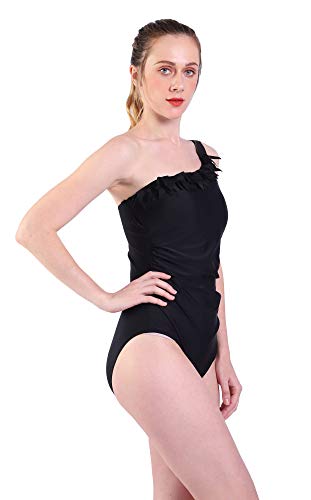 DELEY Mujeres Flor Oblicua Acolchado Traje De Baño Bikini Monokini Beachwear Negro Tamaño 3XL