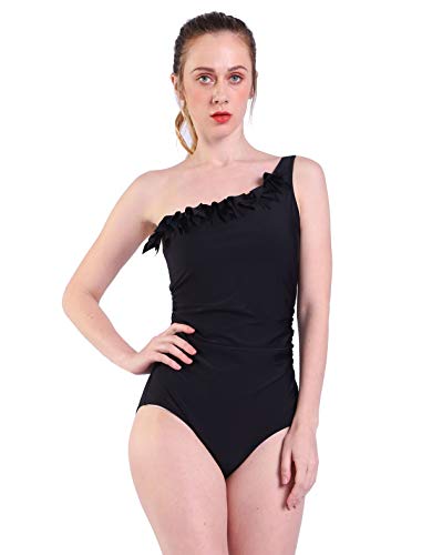 DELEY Mujeres Flor Oblicua Acolchado Traje De Baño Bikini Monokini Beachwear Negro Tamaño 3XL