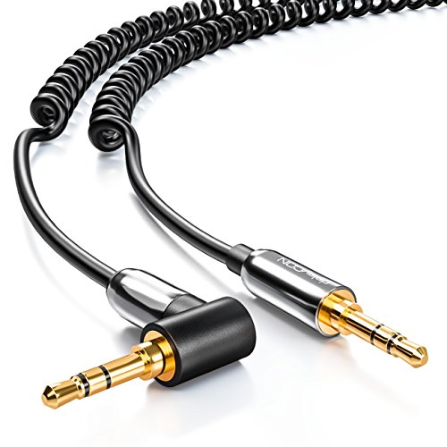 deleyCON 2m Cable Jack en Espiral - Audio Estéreo - AUX - Clavija de Jack de 3,5mm a Clavija de Jack de 3,5mm en Ángulo de 90° - Chapado en Oro