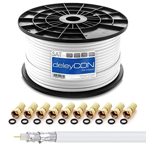 deleyCON HQ 100m Cable Coaxial SAT 130dB Blindado de 4 Capas DVB-S+S2 DVB-T DVB-C Cable de Banda Ancha 4K 1080p FULL HD HDTV 10 Conectores F Dorados