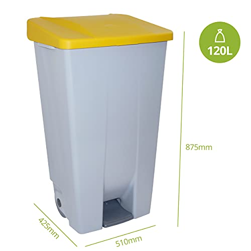 Denox 23400 - Contenedor basura selectivo con pedal y ruedas, color amarillo, talla 120 L