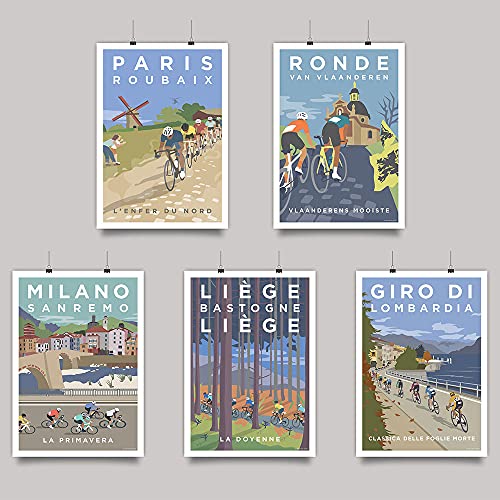 Deportes Bicicleta Ciclismo ImpresióN En Lienzo Pintura Vintage Tour Paisaje Monumento De ParíS Ciclista Poster Cuadros De Pared Decoracion para Salon De Estar 30x40cmx5 Sin Marco