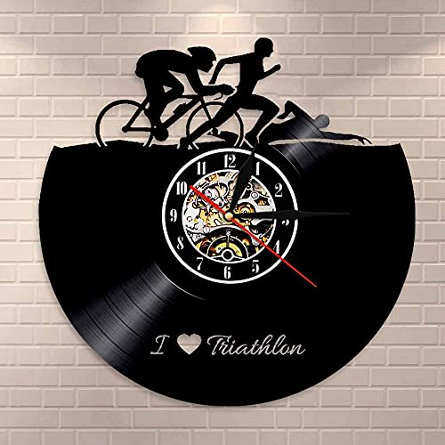 Deportes Natación Correr Ciclismo Vinilo Record Reloj hecho a mano Deportes Amantes Regalos Vintage Atleta Decoración del hogar Triatlón Reloj de pared con LED