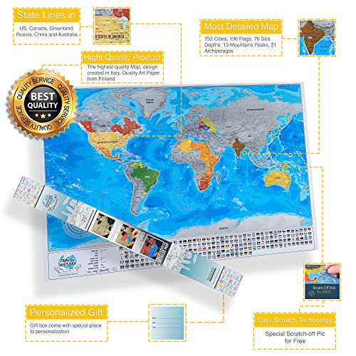 Detailed Scratchable Travel Map with 196 Country Flags, Vibrant Colours, Great Scratchable World Map Gift For Any Traveller.