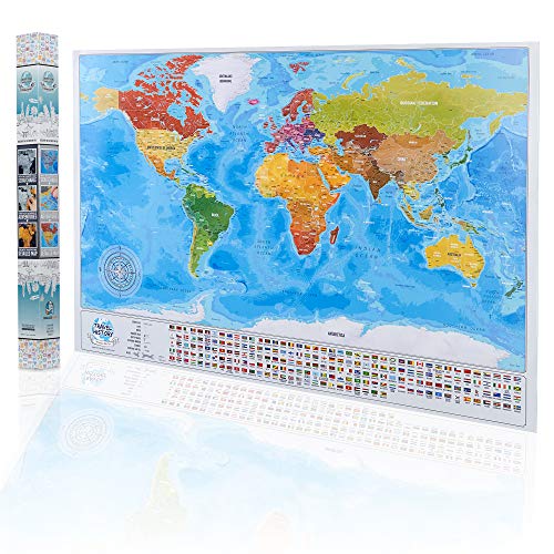 Detailed Scratchable Travel Map with 196 Country Flags, Vibrant Colours, Great Scratchable World Map Gift For Any Traveller.