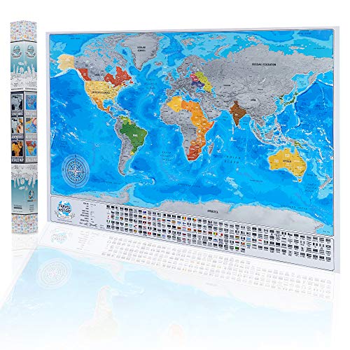 Detailed Scratchable Travel Map with 196 Country Flags, Vibrant Colours, Great Scratchable World Map Gift For Any Traveller.